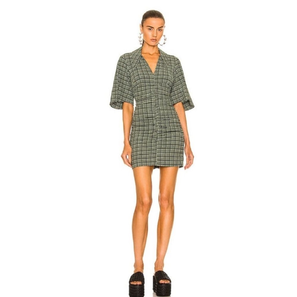GANNI Green Plaid Seersucker Mini Dress